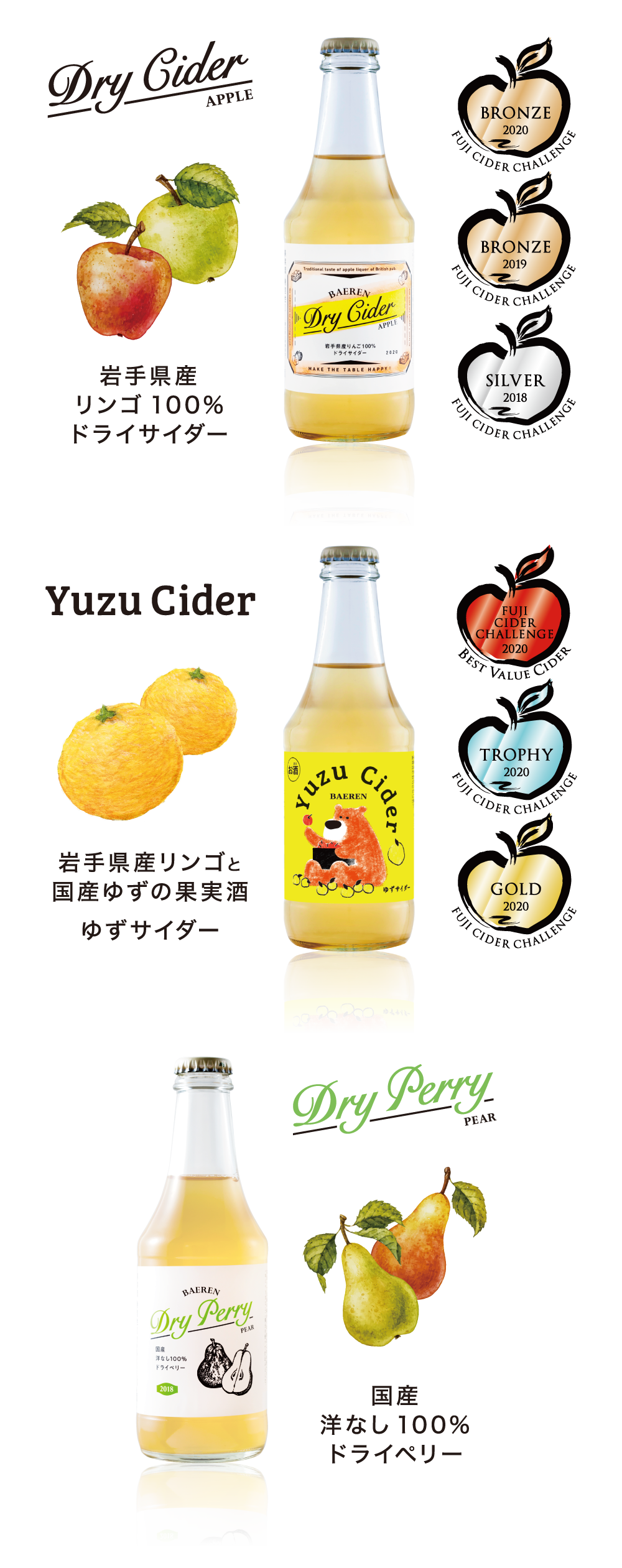 岩手県産リンゴ100%ドライサイダー BAEREN Dry Cider と 国産洋なし100%ドライペリー BAEREN Dry Perry